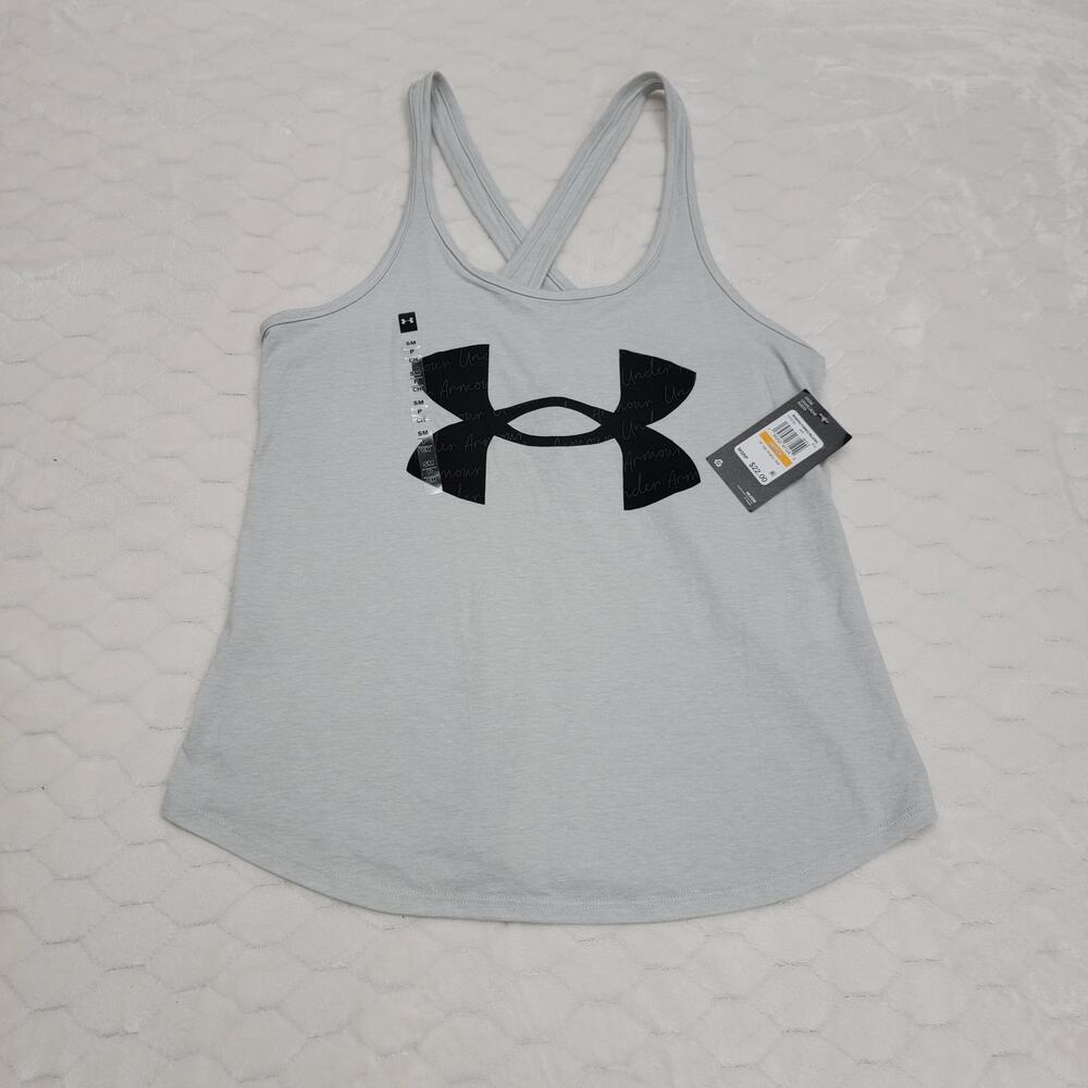Under Armour Womens Tank Top Small Gray Logo Graphic Cross Back Loose Fit NWT